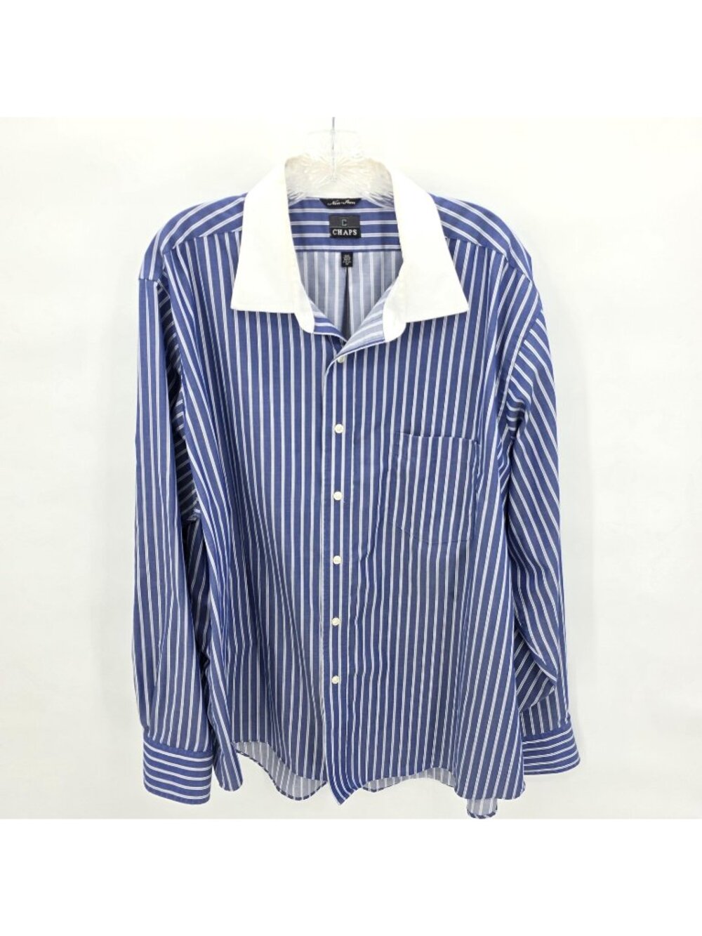 Chaps Shirt Men 18.5 36/37 Blue Stripe No Iron Button Dress Office Classic Retro